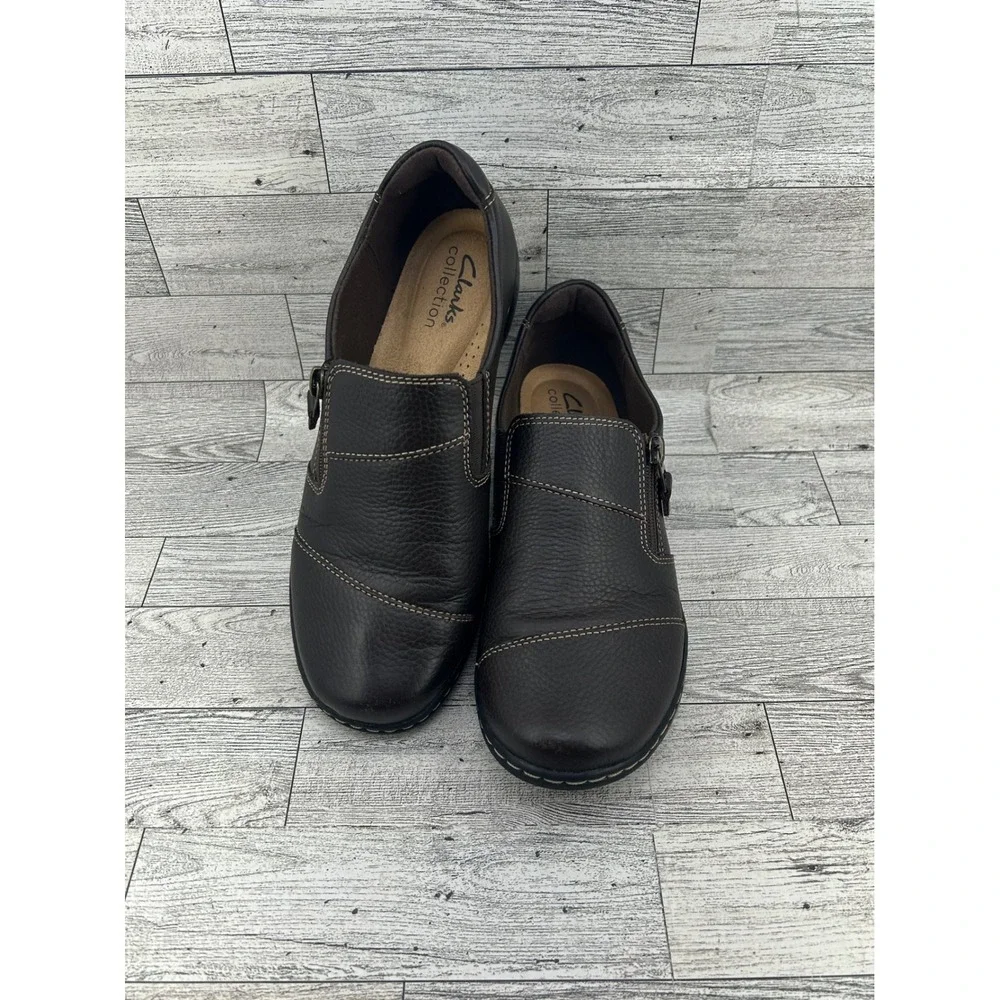 Clarks Collection Womens Brown Leather Zip Side Slip On Loafer Shoes Size 7M